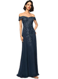 Hadley Sheath/Column Off the Shoulder Floor-Length Chiffon Lace Evening Dress With Sequins STIP0020812