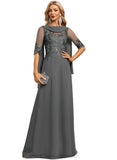 Tessa A-line Scoop Floor-Length Chiffon Lace Evening Dress With Pleated Sequins STIP0020841