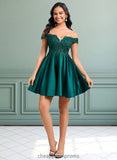 Seraphina A-line Off the Shoulder Short Lace Satin Homecoming Dress With Rhinestone STIP0025718