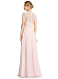 Elsie A-line High Neck Floor-Length Chiffon Lace Evening Dress STIP0020977