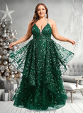 Samara Ball-Gown/Princess V-Neck Floor-Length Lace Floral Prom Dresses With Sequins STIP0025838