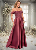 Zariah A-line Off the Shoulder Floor-Length Satin Lace Prom Dresses With Sequins STIP0025841