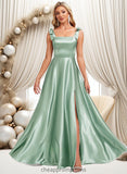 Lilly A-line Square Floor-Length Stretch Satin Bridesmaid Dress With Bow STIP0025788