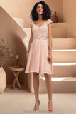 Amiya A-line V-Neck Knee-Length Chiffon Lace Homecoming Dress With Beading STIP0020565