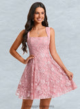 Kiersten A-line Square Mini Lace Homecoming Dress With Bow Sequins STIP0025647