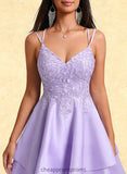 April A-line V-Neck Short Satin Homecoming Dress With Appliques Lace STIP0025692