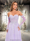 Marely A-line Sweetheart Sweep Train Tulle Prom Dresses With Sequins Appliques Lace STIP0025856