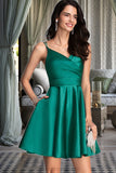 Kennedy A-line V-Neck Short/Mini Satin Homecoming Dress With Ruffle STIP0020539