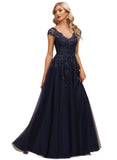 Estrella A-line V-Neck Floor-Length Lace Tulle Evening Dress With Sequins STIP0020861