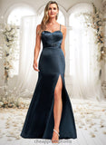 Lorna A-line V-Neck Floor-Length Stretch Satin Bridesmaid Dress STIP0025734