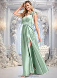 Hallie A-line V-Neck Floor-Length Stretch Satin Bridesmaid Dress With Bow STIP0025737