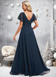 Kenley A-line V-Neck Floor-Length Chiffon Bridesmaid Dress STIP0025806