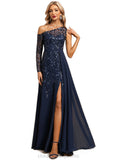 EmeryPiper A-line Asymmetrical Illusion Floor-Length Chiffon Lace Evening Dress With Sequins STIP0020814