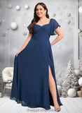 America A-line V-Neck Floor-Length Chiffon Bridesmaid Dress With Ruffle STIP0025802