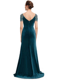 Harper Sheath/Column V-Neck Sweep Train Velvet Evening Dress With Beading Cascading Ruffles STIP0020875