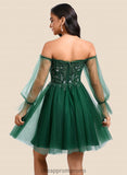 Abigail A-line Off the Shoulder Short Tulle Homecoming Dress With Sequins Appliques Lace STIP0025663