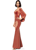 Olive Sheath/Column V-Neck Floor-Length Velvet Evening Dress With Pleated STIP0020888