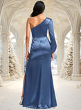 Amiya A-line One Shoulder Floor-Length Stretch Satin Bridesmaid Dress With Bow STIP0025730