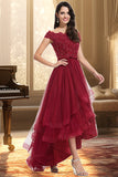 Victoria A-line Off the Shoulder Asymmetrical Lace Tulle Homecoming Dress With Beading Bow Sequins STIP0020535