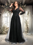 Kathleen A-line V-Neck Floor-Length Tulle Prom Dresses With Sequins Appliques Lace Beading STIP0025834