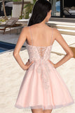 Avery A-line V-Neck Short/Mini Tulle Homecoming Dress With Beading STIP0020538