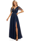 Rosalind A-line Scoop Illusion Floor-Length Lace Tulle Evening Dress With Sequins STIP0020926