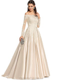 Izabelle Ball-Gown/Princess Off the Shoulder Sweep Train Lace Satin Prom Dresses With Sequins STIP0020890