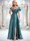 Roselyn A-line V-Neck Floor-Length Stretch Satin Bridesmaid Dress With Ruffle STIP0025780