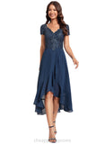 Joslyn A-line V-Neck Asymmetrical Chiffon Lace Cocktail Dress STIP0020782