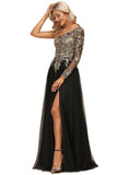 Peyton A-line One Shoulder Floor-Length Lace Tulle Evening Dress With Sequins STIP0020839