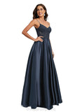 Claire A-line V-Neck Floor-Length Lace Satin Prom Dresses With Sequins STIP0020847