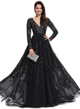 Cali Ball-Gown/Princess V-Neck Sweep Train Lace Tulle Evening Dress With Sequins STIP0020881