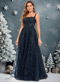 Annalise A-line Square Floor-Length Organza Lace Floral Prom Dresses With Sequins STIP0025844