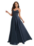 Claire A-line V-Neck Floor-Length Lace Satin Prom Dresses With Sequins STIP0020847