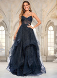 Jewel Ball-Gown/Princess V-Neck Floor-Length Tulle Prom Dresses STIP0025863