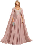 Hazel A-line V-Neck Floor-Length Chiffon Lace Evening Dress STIP0020976