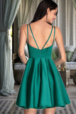 Kennedy A-line V-Neck Short/Mini Satin Homecoming Dress With Ruffle STIP0020539