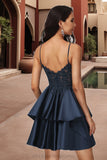 Katelynn A-line V-Neck Short/Mini Lace Satin Homecoming Dress STIP0020504