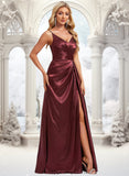 Ann A-line V-Neck Floor-Length Stretch Satin Bridesmaid Dress With Ruffle STIP0025785