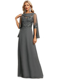 Tessa A-line Scoop Floor-Length Chiffon Lace Evening Dress With Pleated Sequins STIP0020841