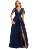 Rosalind A-line Scoop Illusion Floor-Length Lace Tulle Evening Dress With Sequins STIP0020926