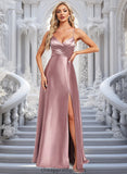 Leticia A-line V-Neck Floor-Length Stretch Satin Bridesmaid Dress STIP0025822