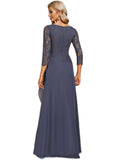 Kennedy A-line Scoop Floor-Length Chiffon Lace Evening Dress With Flower Cascading Ruffles STIP0020988