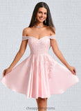 Daisy A-line Off the Shoulder Short Satin Homecoming Dress With Rhinestone Beading Appliques Lace STIP0025679