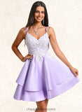 Ayanna A-line V-Neck Short Satin Homecoming Dress With Appliques Lace STIP0025696