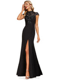 Shyann Sheath/Column High Neck Illusion Floor-Length Lace Stretch Crepe Evening Dress With Sequins STIP0020962