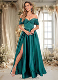 Lucile A-line Off the Shoulder Floor-Length Satin Prom Dresses With Pleated STIP0025851