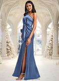 Amiya A-line One Shoulder Floor-Length Stretch Satin Bridesmaid Dress With Bow STIP0025730