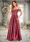 Zariah A-line Off the Shoulder Floor-Length Satin Lace Prom Dresses With Sequins STIP0025841