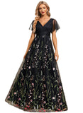 Jayden A-line V-Neck Floor-Length Lace Tulle Evening Dress With Pleated STIP0020797